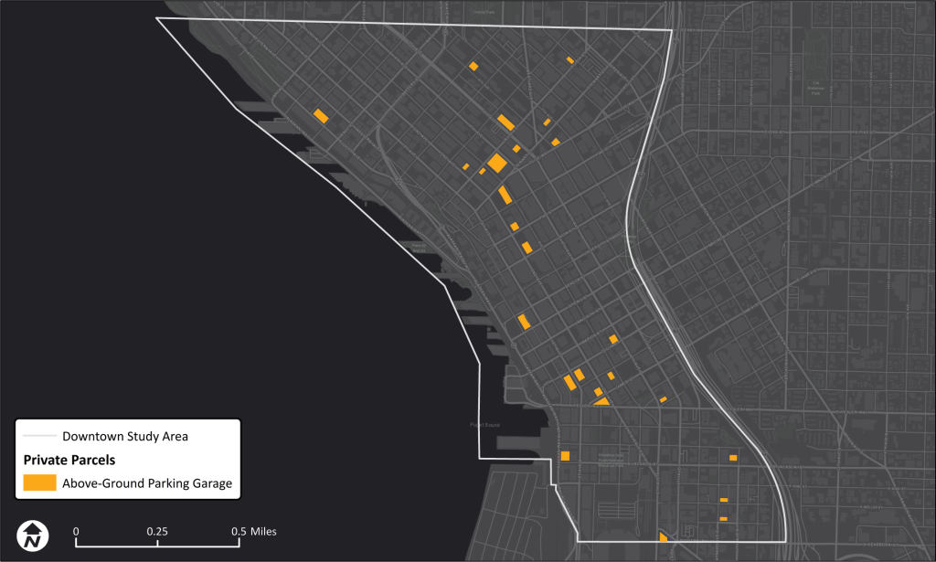 Standalone above-ground parking garages in Downtown. (Data provided by permission of King County)