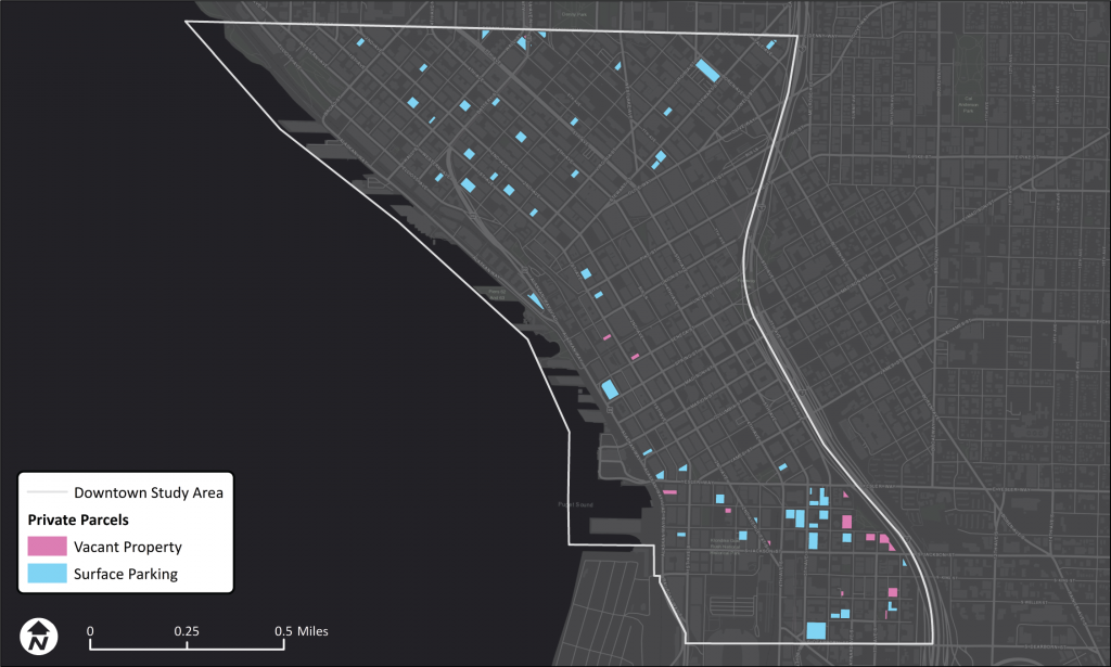 Private surface parking lots and vacant properties in Downtown. (Data provided by permission of King County)