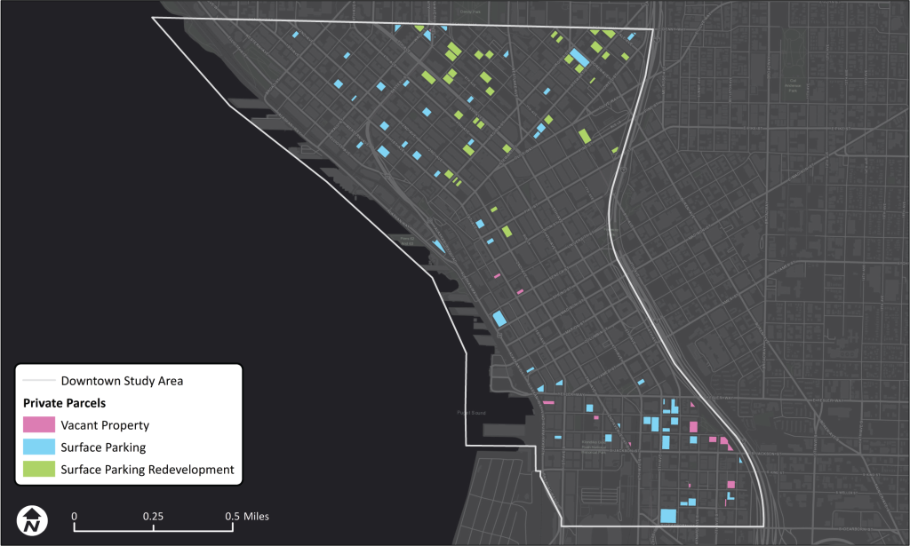 Green parking lot parcels have recently or will soon be redeveloped with buildings, approximately 2010-2020. (Data provided by permission of King County)