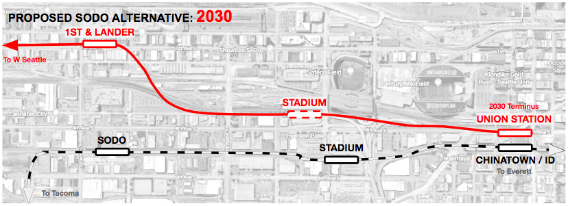 Conceptual alternative West Seattle alignment and station locations in 2030.