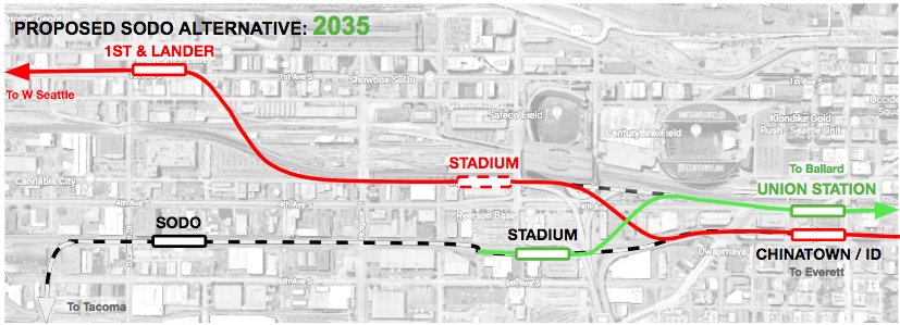 Conceptual alternative West Seattle alignment and station locations integrated with the Ballard extension in 2035.