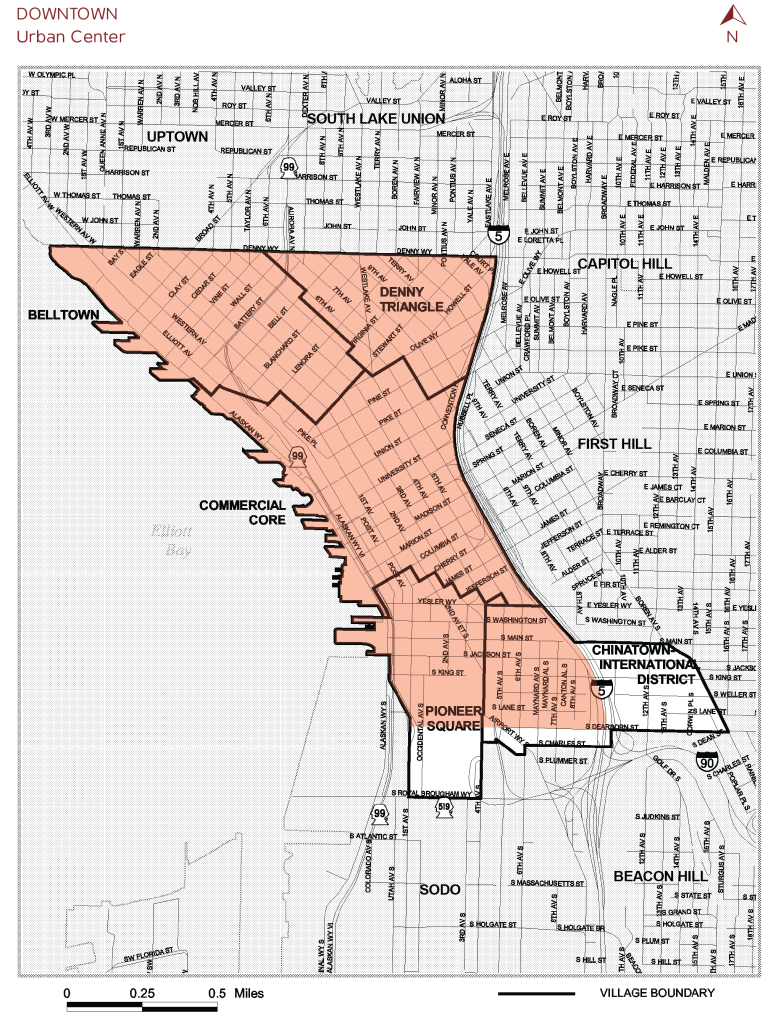 The study area is the shaded red portion of the outlined Downtown Urban Center. The five subsections are "urban center villages" that are no longer used by the City for planning purposes but which continue to enjoy distinct neighborhood identifies. (City of Seattle)