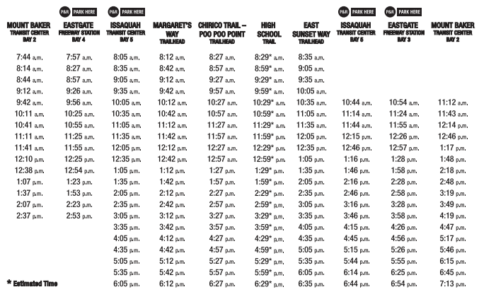 Timetable for the Issaquah Alps Trailhead Direct route. (King County)
