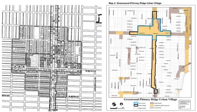 Left: Historic City of Seattle proposed urban village map. Right: Neighborhood planning gerrymandered map.
