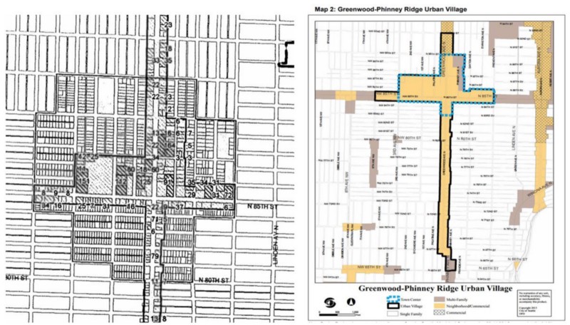 Left: Historic City of Seattle proposed urban village map. Right: Neighborhood planning gerrymandered map.