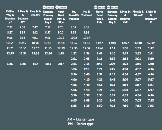 Timetable for the North Bend Trailhead Direct route. (King County)