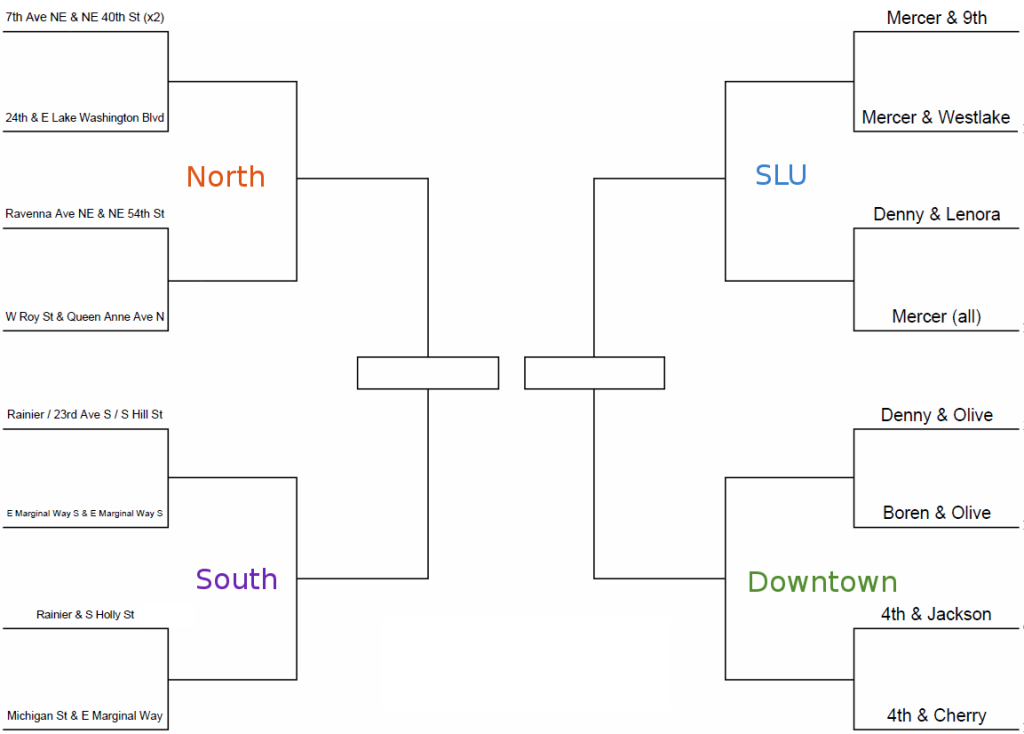 NE 40th St / 7th Ave NE / NE 40th St vs. 24th Ave E & E Lake Washington Blvd, Ravenna Ave NE & NE 54th St vs. W Roy St & Queen Anne Ave N, Rainier / 23rd Ave S / S Hill St vs. E Marginal Way S & E Marginal Way S, Rainier & S Holly St vs. Michigan St & E Marginal Way, Mercer & 9th vs. Mercer & Westlake, Denny & Lenora vs. Mercer (all), Denny & Olive vs. Boren & Olive, 4th & Jackson vs. 4th & Cherry