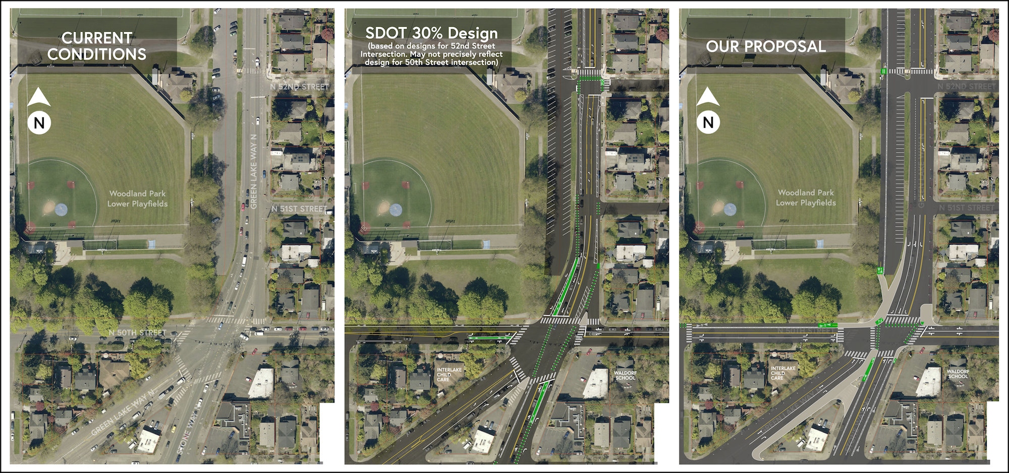 Comparison of existing conditions, SDOT proposal, and our proposal.