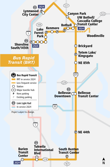 I-405 BRT and SR-522 corridors and station locations. (Sound Transit)