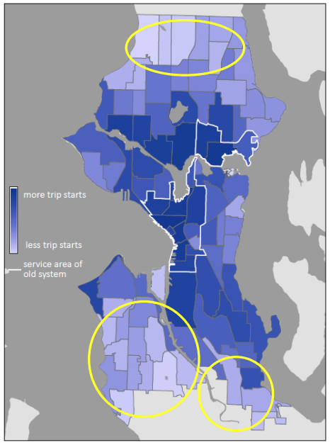 Areas where bike availability is very poor in the city. (City of Seattle)