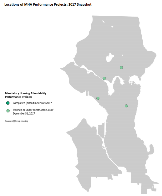 Geographic location of 2017 MHA projects. (City of Seattle)