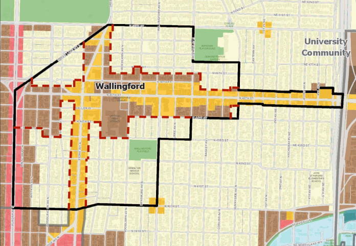 Wallingford Community Council proposed 2017 Comprehensive Plan amendment to remove more than 50 blocks and only park from the urban village. (City of Seattle)