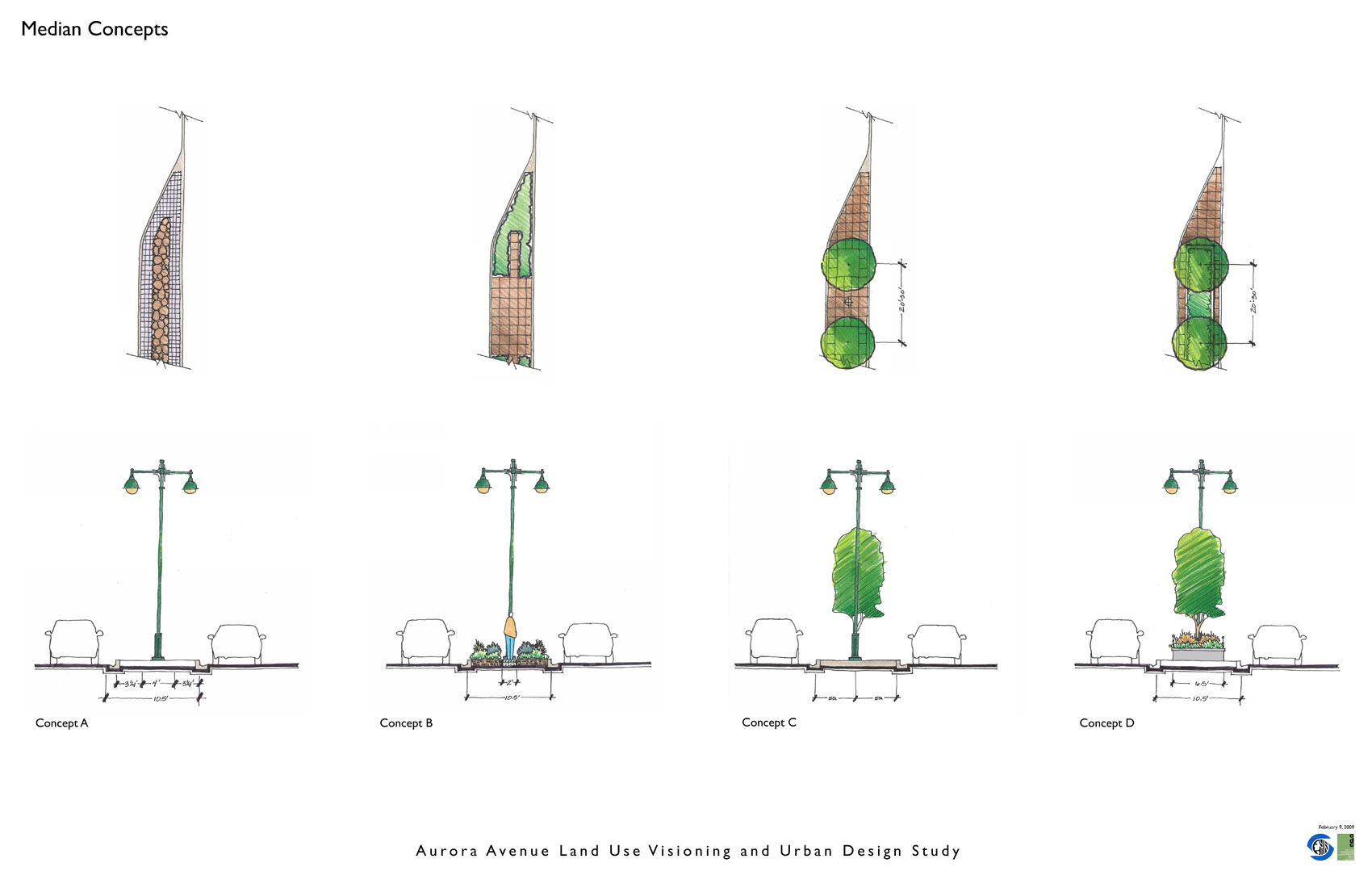 Seattle’s Planning Department studied a planted median for Aurora in 2009 providing four varying options of execution. (Image from 2009 Visioning Plan)