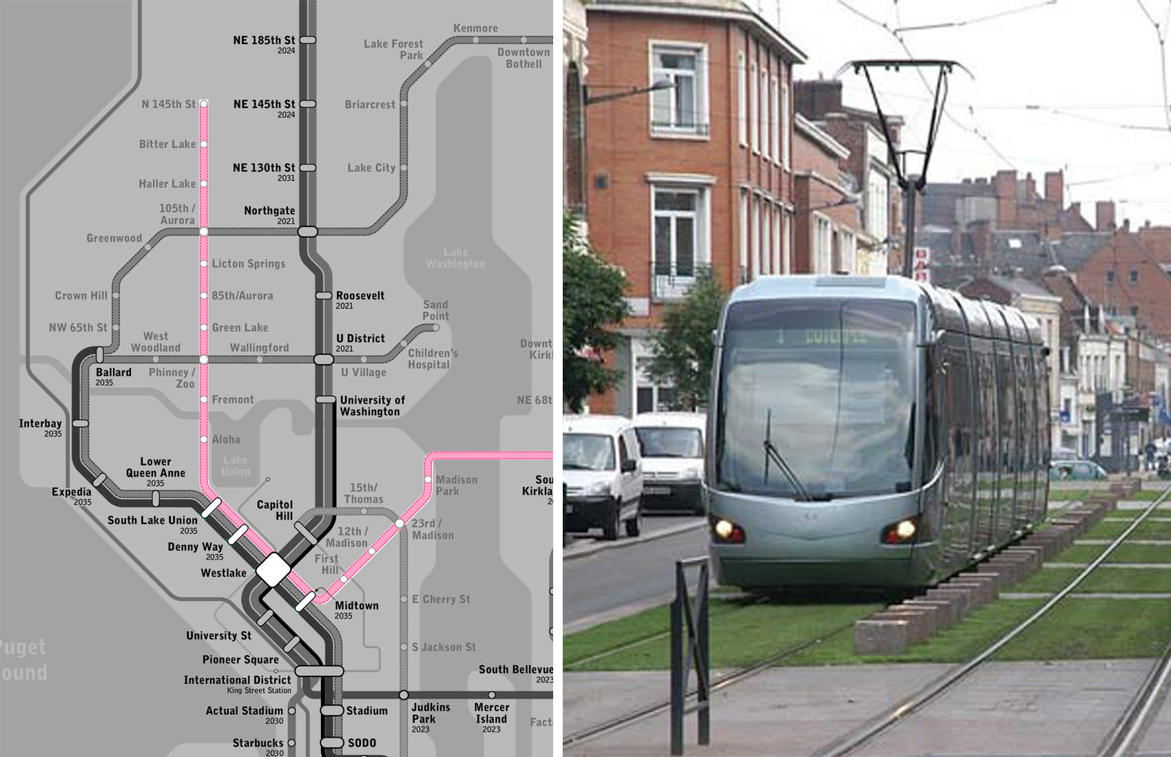 On the left is the conceptual ST4 plan designed by Seattle Subway. (Edited by the Author); On the right is a typical example from Europe showing grass planted street car lane.