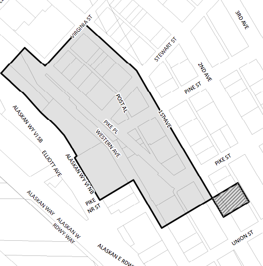 The hatched area indicates where the historic district expansion applies temporarily. The grey area is the existing Place Place Market Historic District. (City of Seattle)