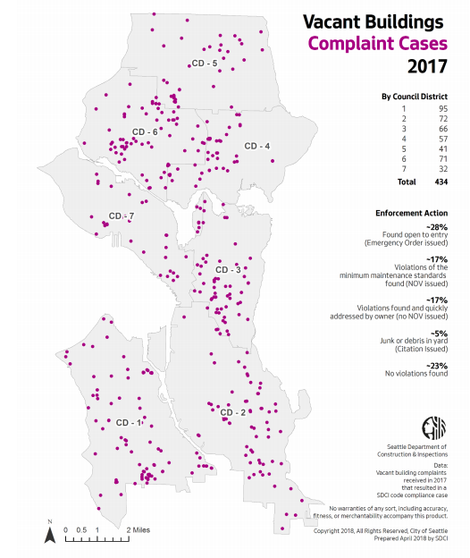 Location of vacant building complaints in 2017. (City of Seattle
