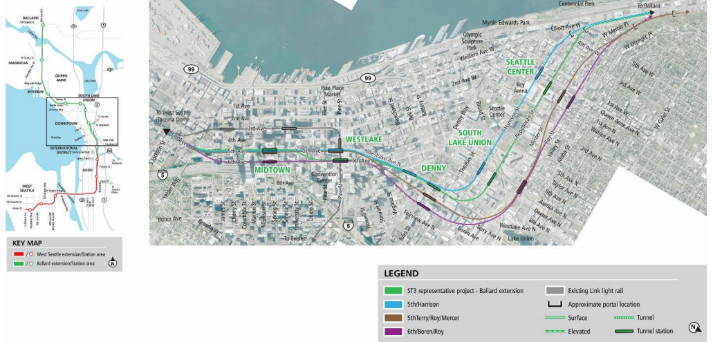 Alternatives for Uptown, South Lake Union, and Downtown. (Sound Transit)