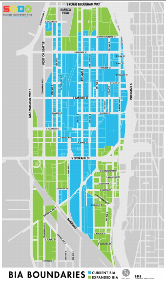 Green is the expanded BIA, blue is the existing BIA. (City of Seattle)