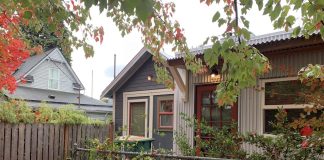 A cottage in a leafy backyard in the fall.