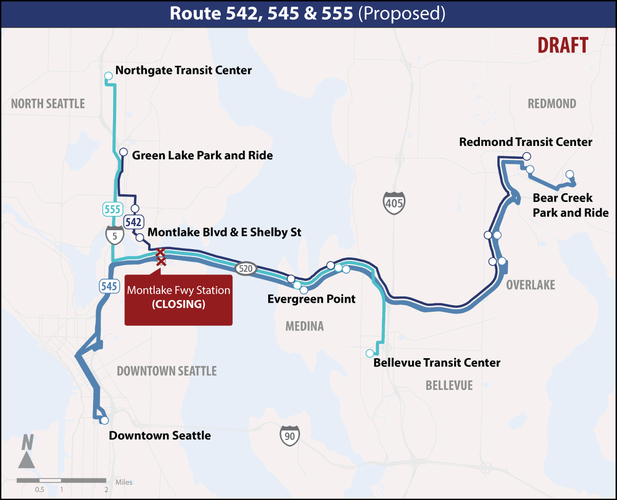 Proposed changes to Routes 542, 545, and 555. (Sound Transit)
