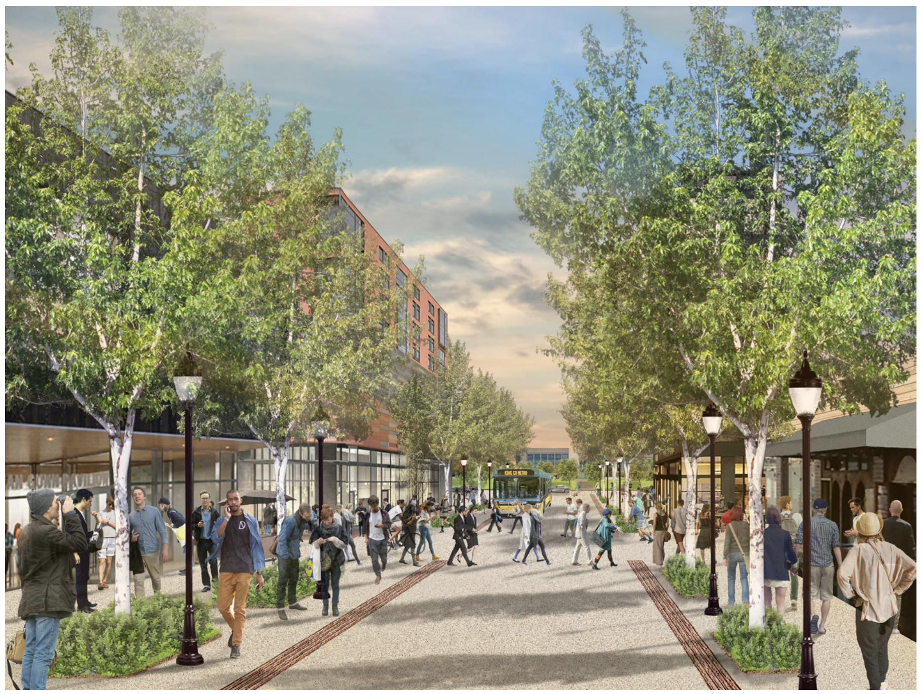 Artist's sketch of a curbless NE 43rd St. (U District Mobility Group)