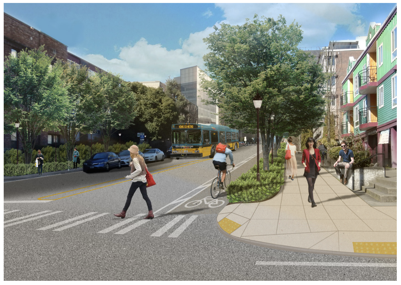 Artist's sketch of transit, bike lanes, and green street on Brooklyn Ave NE. (U District Mobility Group)