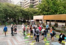 Home Stretch of the Fall 2021 Subscriber Drive A few dozen people gather at Westlake Park for The Urbanist's Center City walking tour.