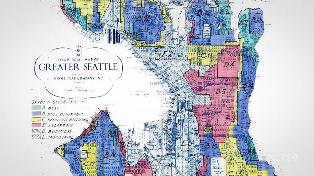 A redlining map of Seattle shows the Central District and Delridge indicated in red for "hazardous."