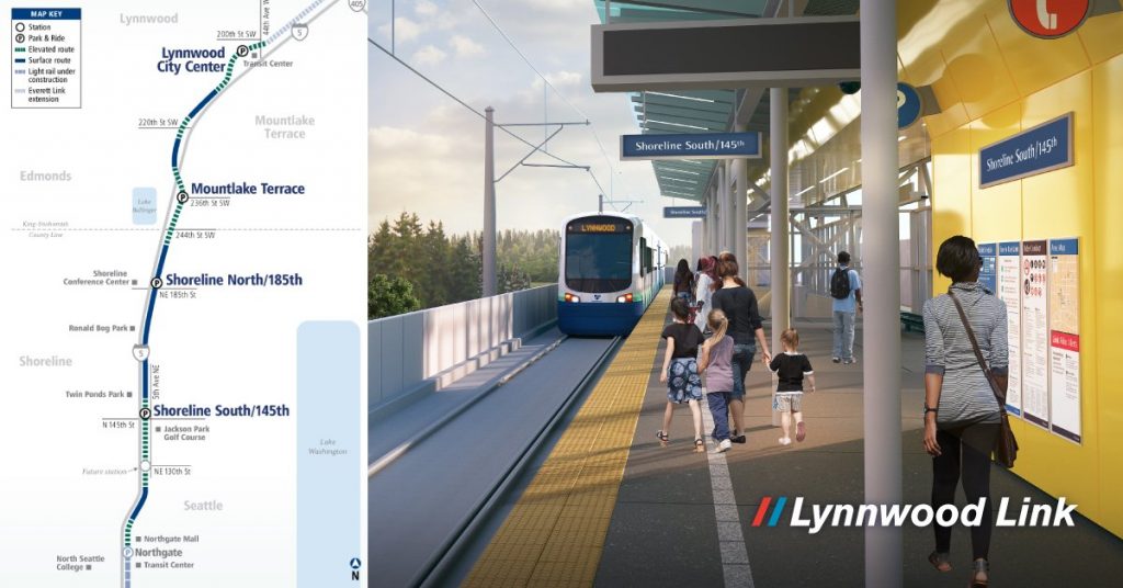 A rendering shows passengers waiting on a platform at an elevated station as a light rail train pulls in. This is what Lynnwood City Center Station will look like.