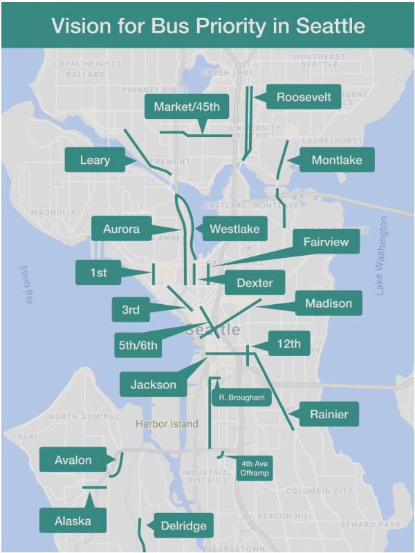 Move All Seattle Sustainably (MASS) proposes quickly rolling out bus lanes (as suggested above) to ease transit gridlock caused by the Seattle Squeeze. (MASS)
