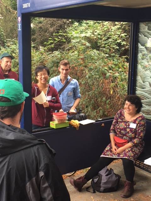 In addition to canvassing, Share The Cities holds community events intended to engage residents in discussions about Jackson Park's future. A previous event included a meetup at a bus stop. Credit: Share The Cities.