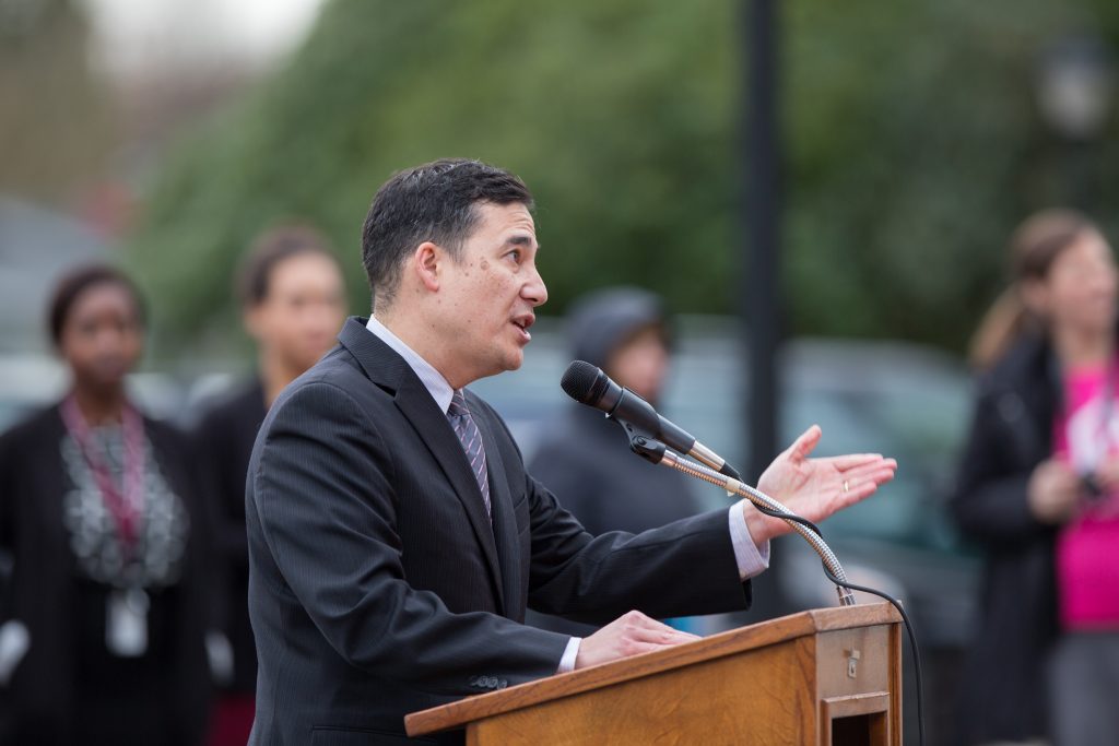 Senator Hobbs, Chair of the Senate Transportation Committee, at a youth rally in 2016. (Washington State Democrats)