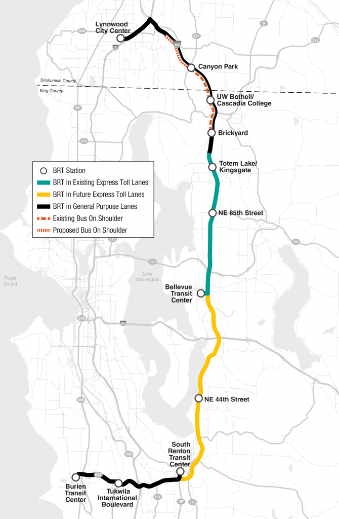 I-405 "Stride" BRT will connect the Eastside to SeaTac and Lynnwood. Neither the South Renton Transit Center nor the Tukwila Station are in Southcenter's walkshed. (Sound Transit)