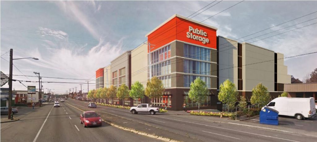 Under Commercial 1 and Commercial 2 zoning, giant self-storage proposals are compliant on Aurora. This project provides no retail and no housing, but would be required to construct hundreds of housing units atop limited commercial sizes at the base under MHA’s zoning plan. (City of Seattle)