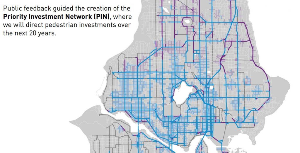 Missing sidewalks are all too common in North Seattle’s District 5. Purple indicates missing sidewalks in the heart of ALUV. Adding “P” (Pedestrian designation) to the land use change will require all new projects on Aurora to prioritize improvements and pedestrian safety. It will also improve the business district’s image and walkability. (City of Seattle)