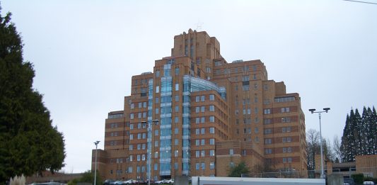Seattle Pacific Medical Center is a brick art deco building atop Beacon Hill dating backed to 1932.