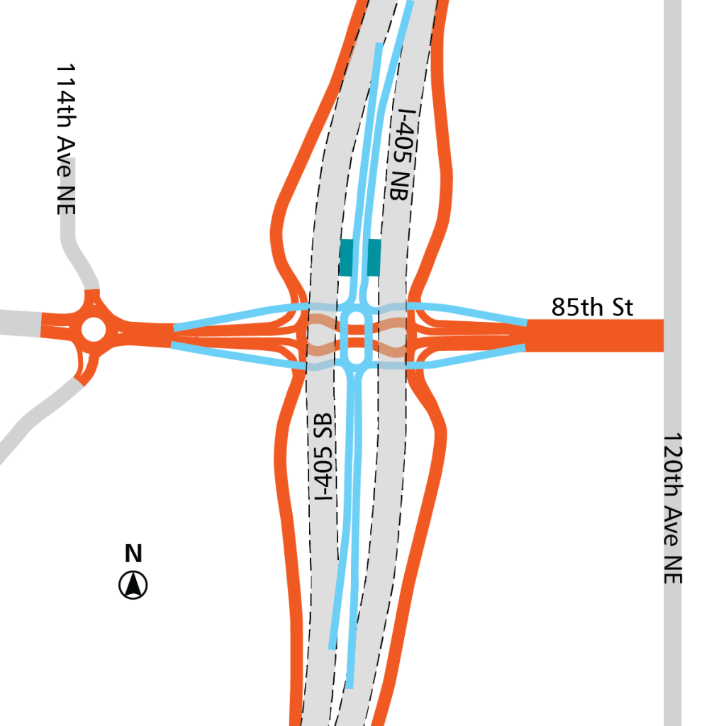 Orange: roadway modifications. Bay blue: new roadway. Teal: BRT stops. (Sound Transit)