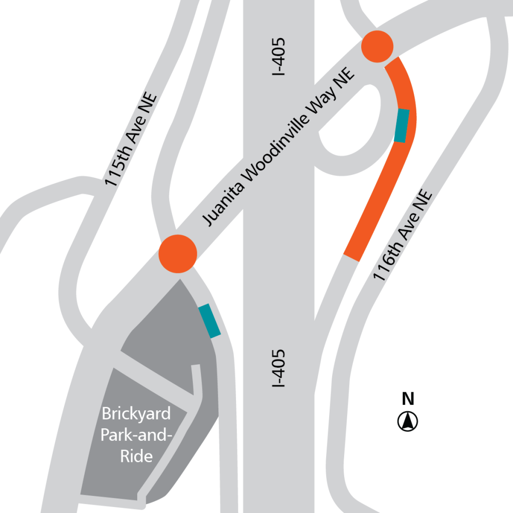 Orange: roadway modifications. Teal: BRT stops. Orange dots: transit signal priority. (Sound Transit)