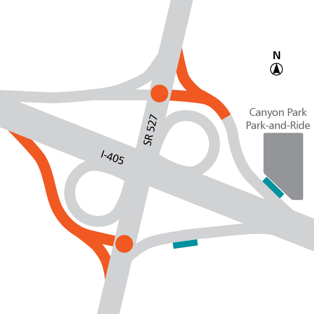 Orange: roadway modifications. Teal: BRT stops. Orange dots: transit signal priority. (Sound Transit)