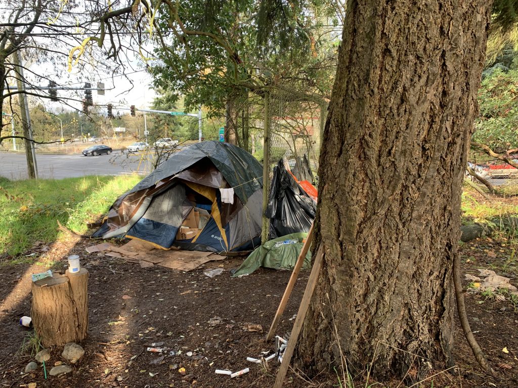 A homeless encampment on the trail of the Jackson Park golf course. The future light rail station will be located directly across the street. Photo by author.