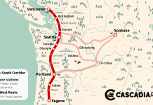 Urbanist 12 Days of Christmas Wishlist Map shows a high speed rail mainline from Vancouver, BC to Eugene, Oregon. Also shows secondary lines serving Spokane, the Tri-Cities, and Yakima in Easter Washington.