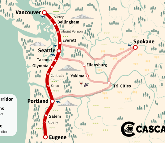 Urbanist 12 Days of Christmas Wishlist Map shows a high speed rail mainline from Vancouver, BC to Eugene, Oregon. Also shows secondary lines serving Spokane, the Tri-Cities, and Yakima in Easter Washington.