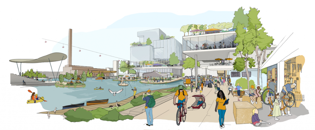 Google is implementing a smart city project in the Quayside neighborhood of Toronto. They envision a public realm that's comfortable for people walking, rolling. and biking, but data privacy remains a big question mark. (Sidewalk Labs)