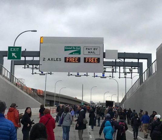 Viadoom Never Came but Squeeze Tightens Its Grip on Seattle Post-Tunnel The entrance portal to the new SR-99 tunnel was filled with pedestrians during a special event before the grand opening.
