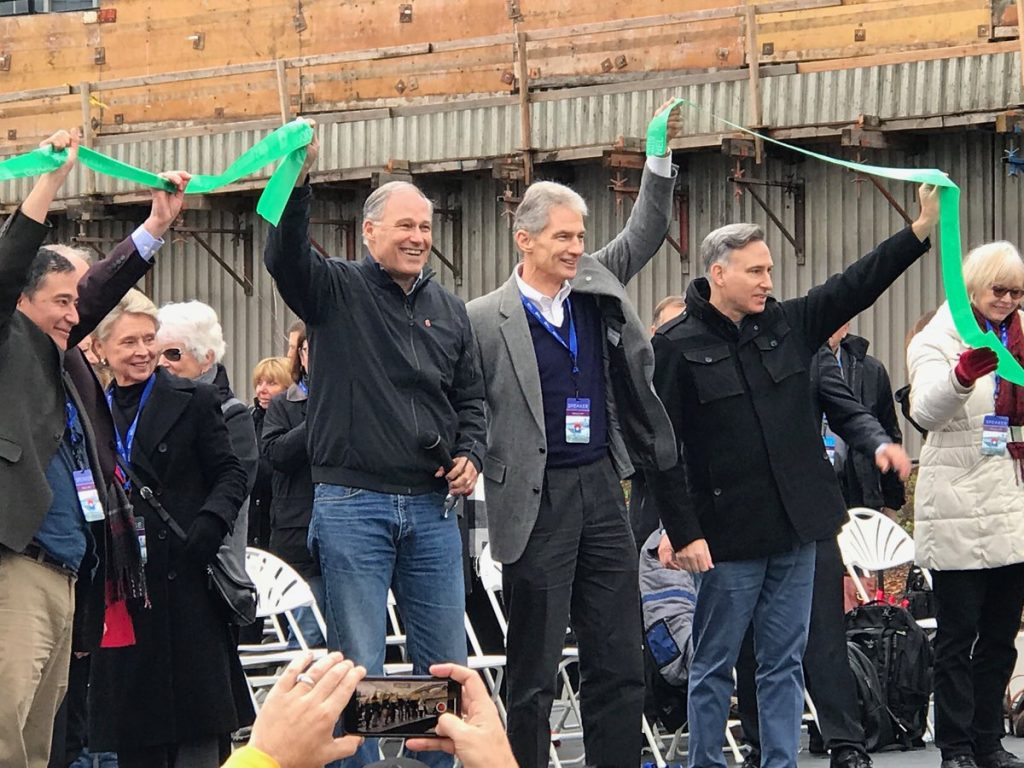 Smiling faces as Inslee Gregoire Hobbs and Constantine cut the ribbon on the tunnel in 2019