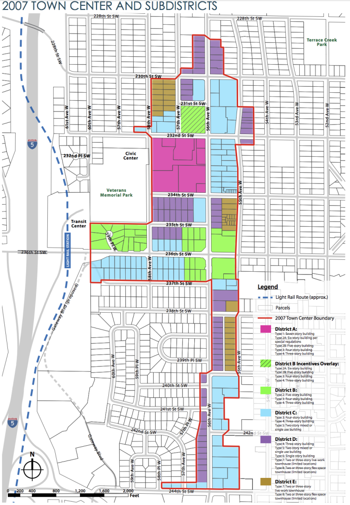 Existing zoning for the Town Center area. (City of Mountlake Terrace)