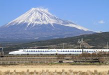 Inslee Administration Pushes High-Speed Rail Forward The Tōkaidō Shinkansen high-speed line in Japan, with Mount Fuji in the background. The Tokaido Shinkansen was the world's first high-speed rail line. (Wikipedia / tansaisuketti)