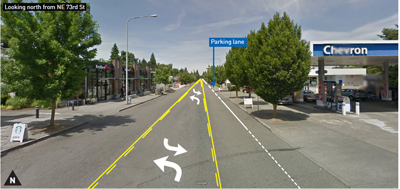 Planned redesigned of 35th Ave NE at NE 73rd St without bike lanes. (City of Seattle)
