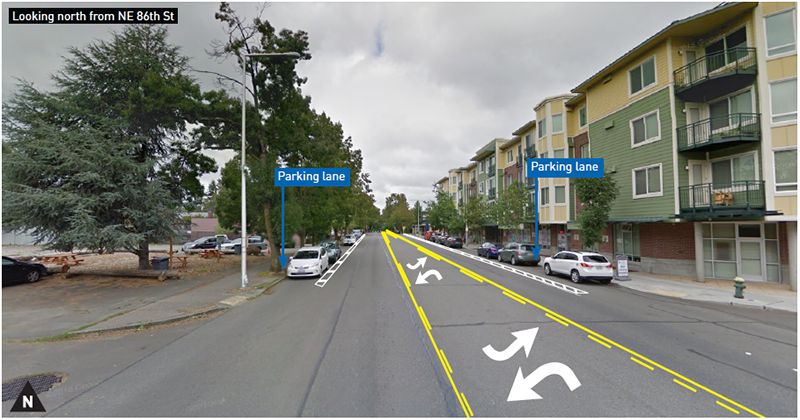 Planned redesigned of 35th Ave NE at NE 86th St without bike lanes. (City of Seattle)