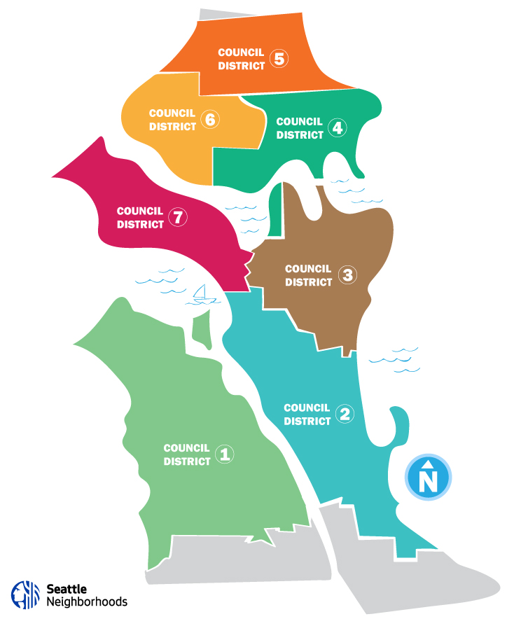 Council District 1 is Southwest Seattle (west of the Duwamish River), District 2 is Southeast Seattle and the International District, Council District 3 includes Capitol Hill, First Hill, the Central Area, Montlake, and Madison Park, District 4 is Northwest Seattle and Eastlake, District 5 is the far north, District 6 is greater Ballard and Greenwood, and District 7 is Downtown, Queen Anne, and Magnolia. (City of Seattle) 